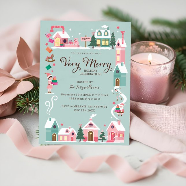 Gemütliches North Pole Pink Elf Workshop Weihnacht Einladung (Cozy North Pole Pink Elf Workshop Christmas Party Invitation)