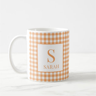 Gemütliches Orange Gingham Karo Monogramm Name Kaffeetasse