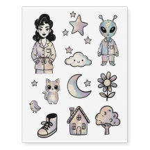 Gemütliches Pastell-Pin-Up-Girl-Katze-Alien-Tattoo