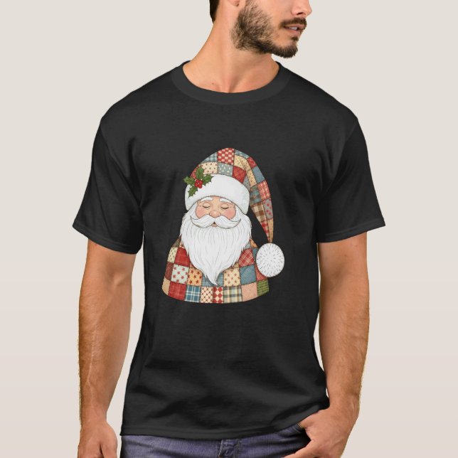 Gemütliches Patchwork-Weihnachtsmann-Design T-Shirt (Vorderseite)