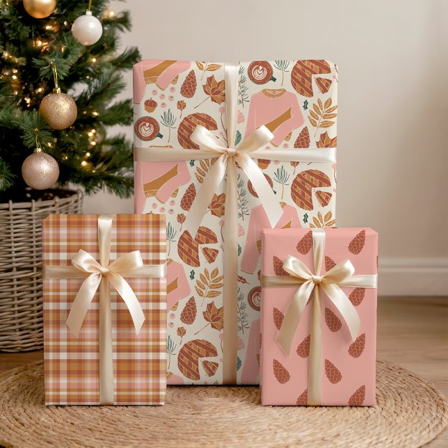 Gemütliches Pink & Brown Pinecones Kariert Holiday Geschenkpapier Set (Von Creator hochgeladen)