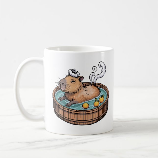 Gemütliches Pixel-Art-Zen-Capybara-Heißbad Kaffeetasse (Links)