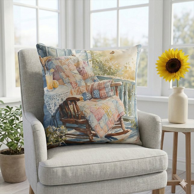 Gemütliches Porch mit Quilt und Limonade-Charme Kissen (Cozy Porch with Quilt and Lemonade Charm Throw Pillow Mockup A)