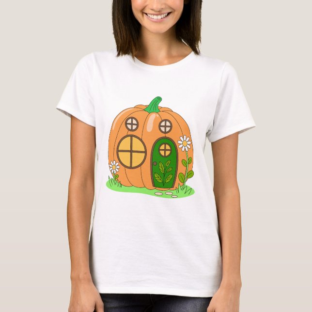 Gemütliches Pumpkin House Niedliches Herbstfalldes T-Shirt (Vorderseite)