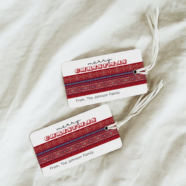 Gemütliches Red & Blue Sweater Frohe Weihnachten Geschenkanhänger (Von Creator hochgeladen)