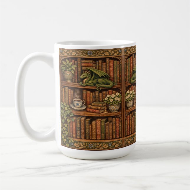 Gemütliches Retro-Bücherregal-Drache Kaffee-Tee-Li Kaffeetasse (Links)