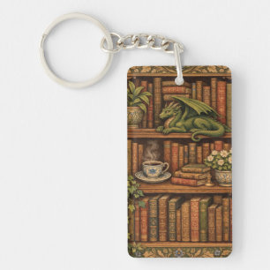 Gemütliches Retro-Bücherregal-Drache Kaffee-Teelie Schlüsselanhänger