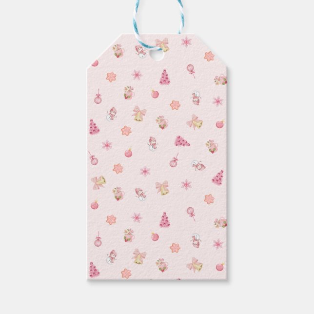 Gemütliches rosa Weihnachtsmuster Geschenkanhänger (Vorderseite)