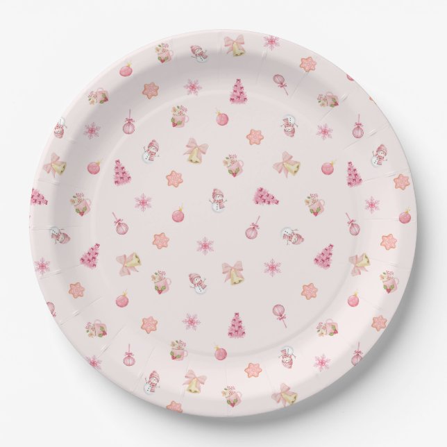 Gemütliches rosa Weihnachtsmuster Pappteller (Vorderseite)