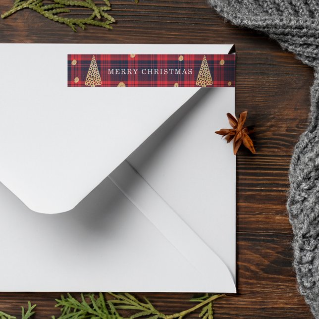 Gemütliches Rot & Blau Kariert Moderner Weihnachts (Cozy Red & Blue Plaid Modern Christmas Tree Wrap Around Label)
