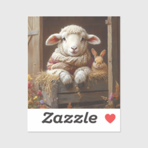 Gemütliches Schaf und Kaninchen im Stall mit Blume Aufkleber