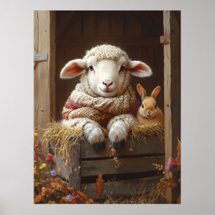 Gemütliches Schaf und Kaninchen im Stall mit Blume Poster