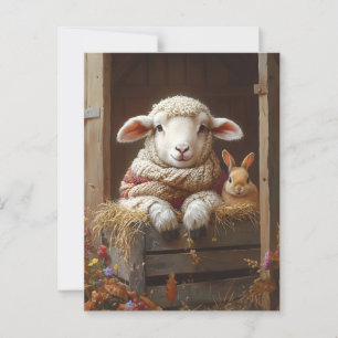 Gemütliches Schaf und Kaninchen im Stall mit Blume Postkarte