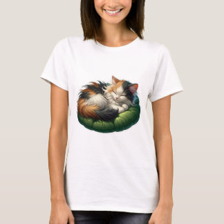 Gemütliches Schlafen Calico Katze auf einem weiche T-Shirt