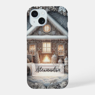 Gemütliches schneebedecktes Haus, Sofa, Decke, Ges iPhone 15 Hülle