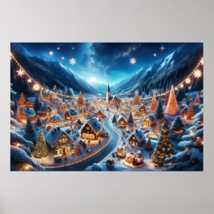 Gemütliches schneebedecktes Weihnachtsdorf bei Nac Poster
