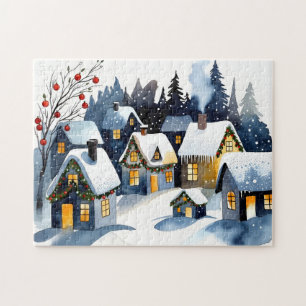 Gemütliches schneebedecktes Winterdorf Wasserfarbe Puzzle