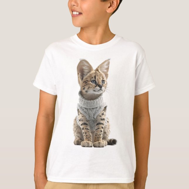 Gemütliches Serval-Kätzchen in grauem Pullover für (Vorderseite)