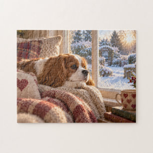 Gemütliches Spaniel-Winterfenster-Szenendesign Puzzle
