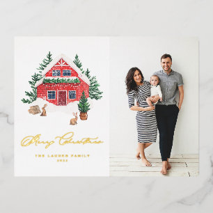 Gemütliches Wasserfarben-Rotes-Christmas-Cottage-F Folien Feiertagspostkarte