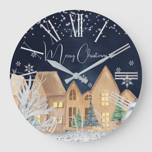 Gemütliches Watercolor Winterdorf Weihnachten Große Wanduhr (Vorderseite)