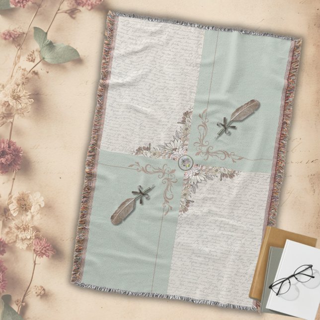 Gemütliches weiches Salbei-grünes Manuskript Geweb Decke (Ideal for Cottagecore, neutral, and peaceful home decor)