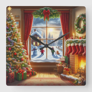 Gemütliches Weihnachtsfenster Quadratische Wanduhr