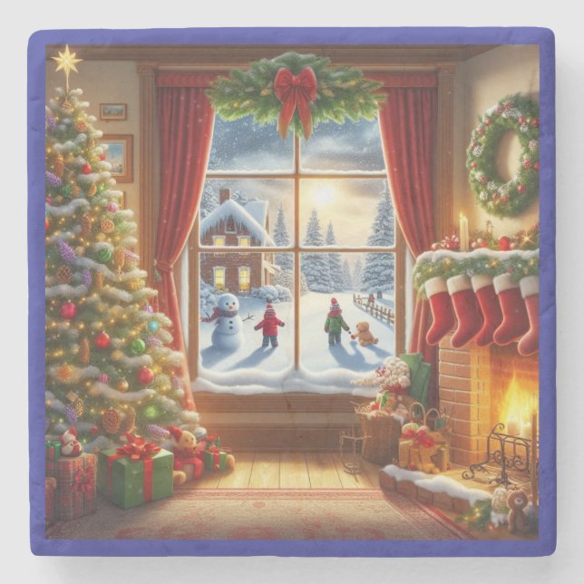 Gemütliches Weihnachtsfenster Steinuntersetzer (Vorderseite)