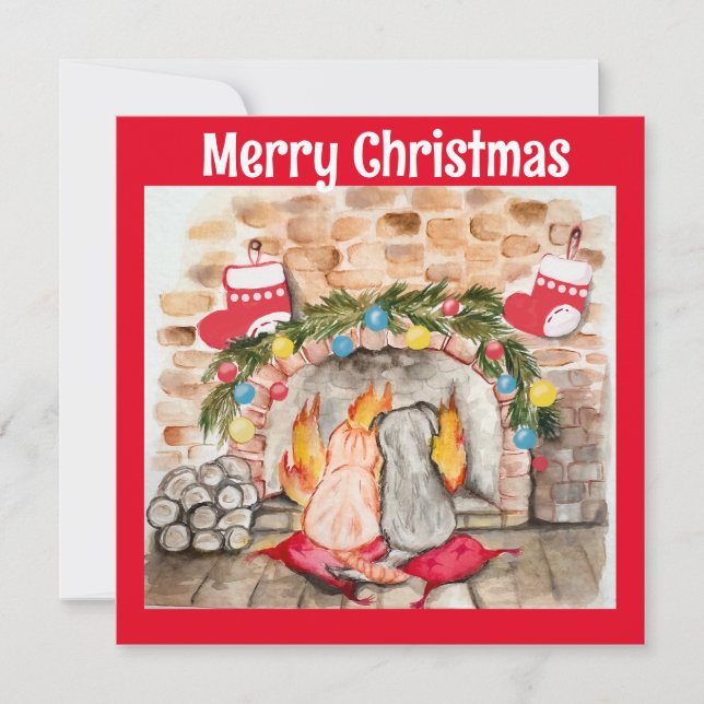 Gemütliches Weihnachtsmantel mit Hund und Katze Einladung (Vorderseite)