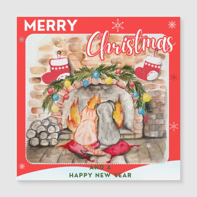 Gemütliches Weihnachtsmantel mit Hund und Katze Magnetkarte (Vorderseite)