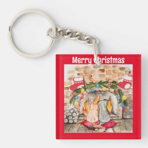 Gemütliches Weihnachtsmantel mit Hund und Katze Schlüsselanhänger