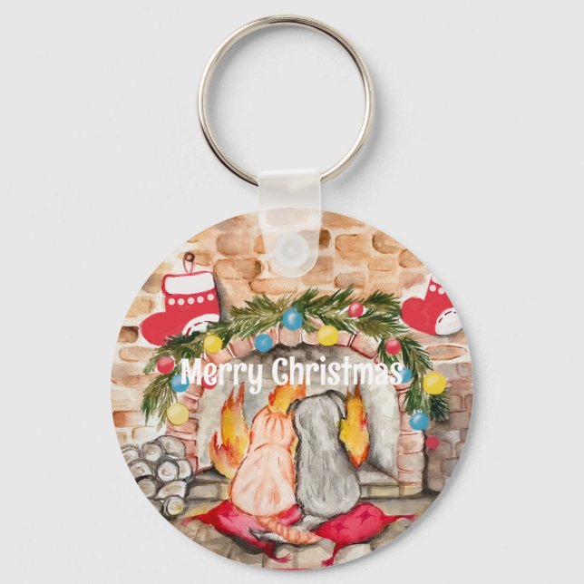 Gemütliches Weihnachtsmantel mit Hund und Katze Schlüsselanhänger (Vorderseite)