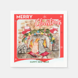 Gemütliches Weihnachtsmantel mit Hund und Katze Serviette