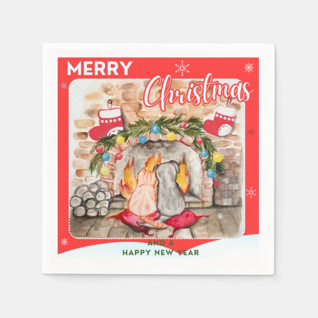 Gemütliches Weihnachtsmantel mit Hund und Katze Serviette (Vorderseite)