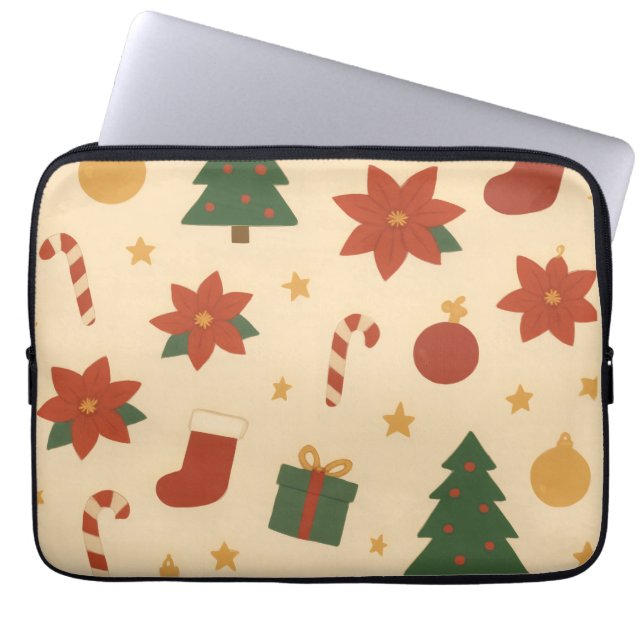 Gemütliches Weihnachtsmuster mit Geschenken und Bä Laptopschutzhülle (Vorderseite)