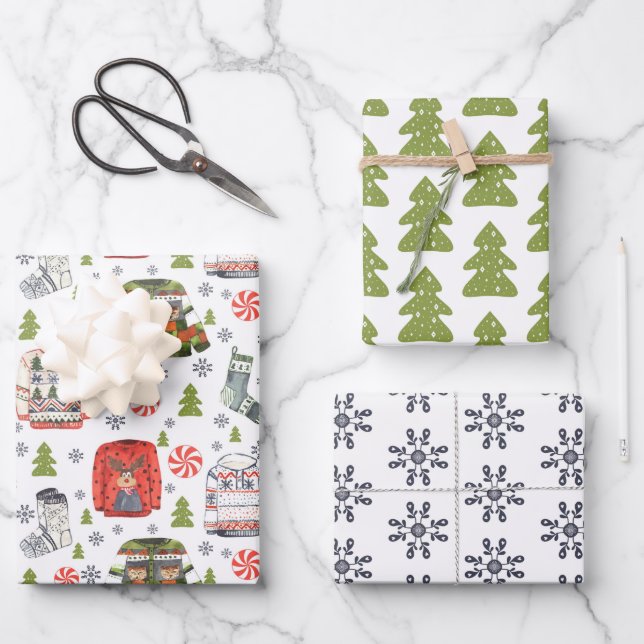 Gemütliches Weihnachtswrapping Paper Set 3 Geschenkpapier Set (Vorderseite)