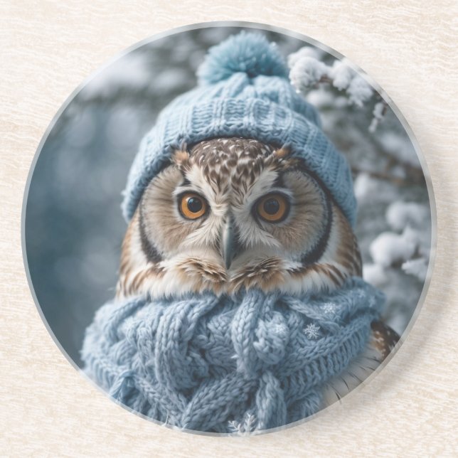 Gemütliches Whimsisches Winter Wonderland Owl Getränkeuntersetzer (Vorne)