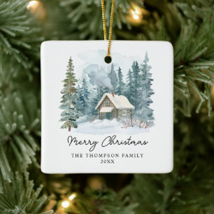 Gemütliches Winter-Wasserfarben-Ferienhaus handges Keramikornament