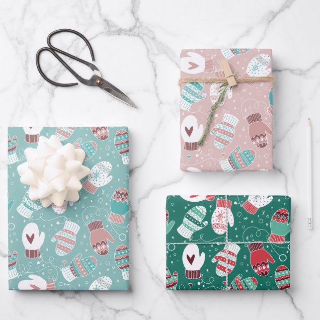 Gemütliches Winter Weihnachten Mittens Pattern Set Geschenkpapier Set (Vorderseite)