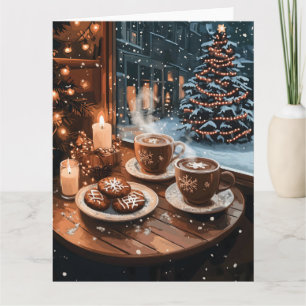 Gemütliches Wintercafé mit heißem Kakao und Keksen Karte