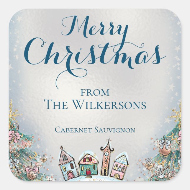 Gemütliches Winterdorf und Weihnachtsbäume Quadratischer Aufkleber (Vorderseite)