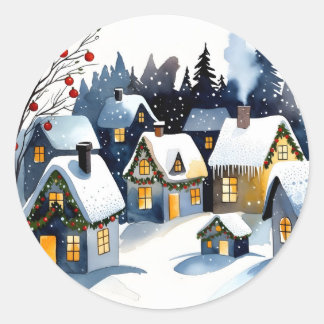 Gemütliches Winterdorf-Wasserfarben-Weihnachten Runder Aufkleber