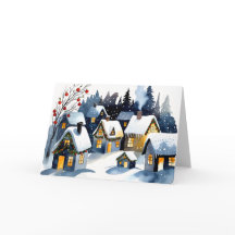 Gemütliches Winterdorf Wasserfarben-Weihnachtsgruß