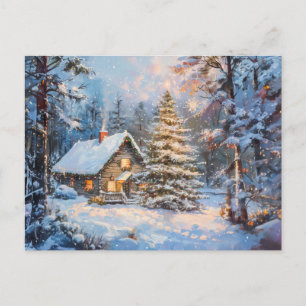 Gemütliches Winterhäuschen mit Weihnachtsbaum Postkarte
