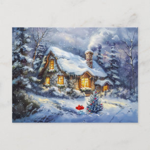 Gemütliches Winterhäuschen mit Weihnachtsbaum Postkarte