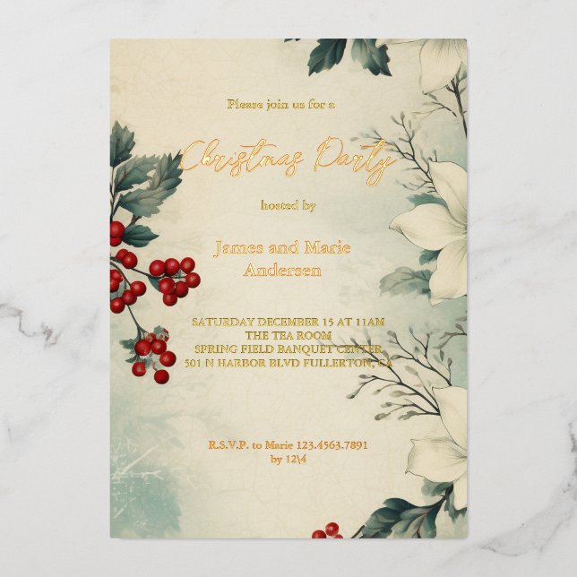 Gemütliches Winterschneegrün Weihnachts-Party Folieneinladung (Vorderseite)