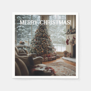 Gemütliches Zimmer Weihnachten , Kamin, Baum und S Serviette