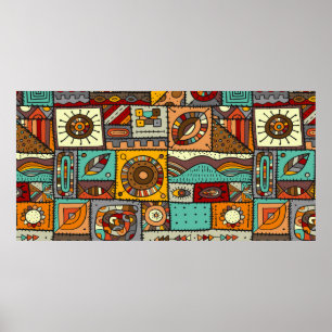Genähte Stoffstücke im Patchwork-Stil. Ethnisch Poster