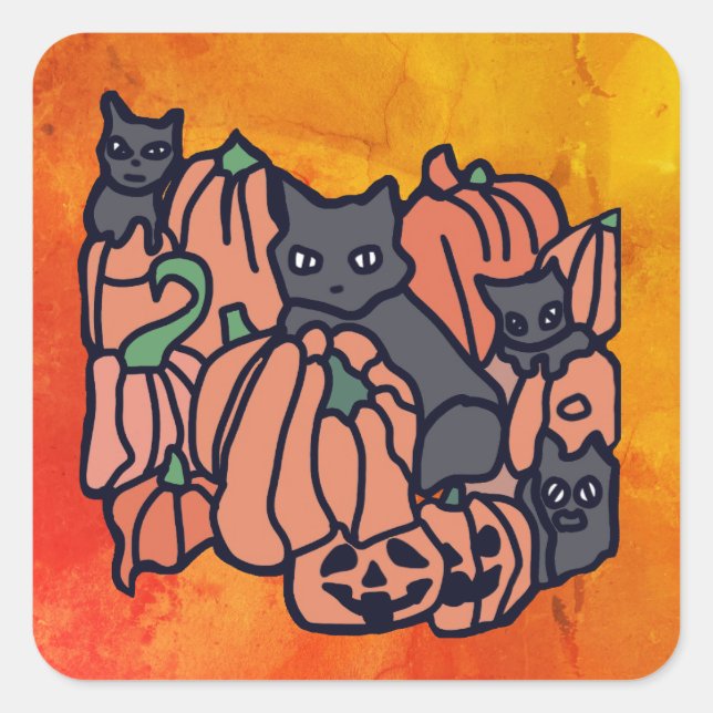 Genau Spuk: Katzen und Kürbis zu Halloween Quadratischer Aufkleber (Vorderseite)