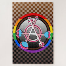 Gender-Anarchie-Symbol, Emblem auf dunklem Schachb